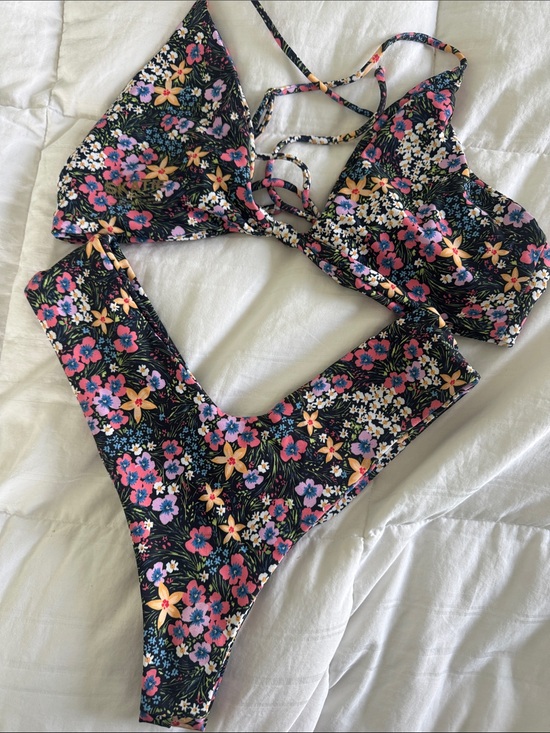 Skatie Other - Skatie Floral Bikini Set in Black with Pink & Yellow Flowers